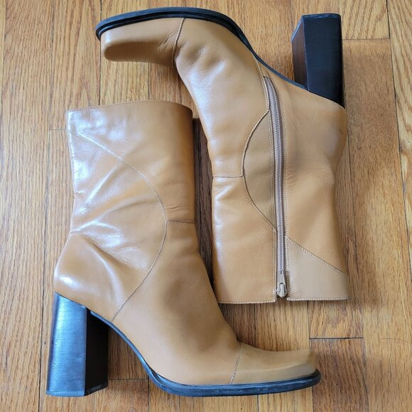 Bruno Valenti Shoes - Bruno Valenti DARCY Block Heel Leather Boots 10 Camel Tan Vintage‎ Brazil Chunky